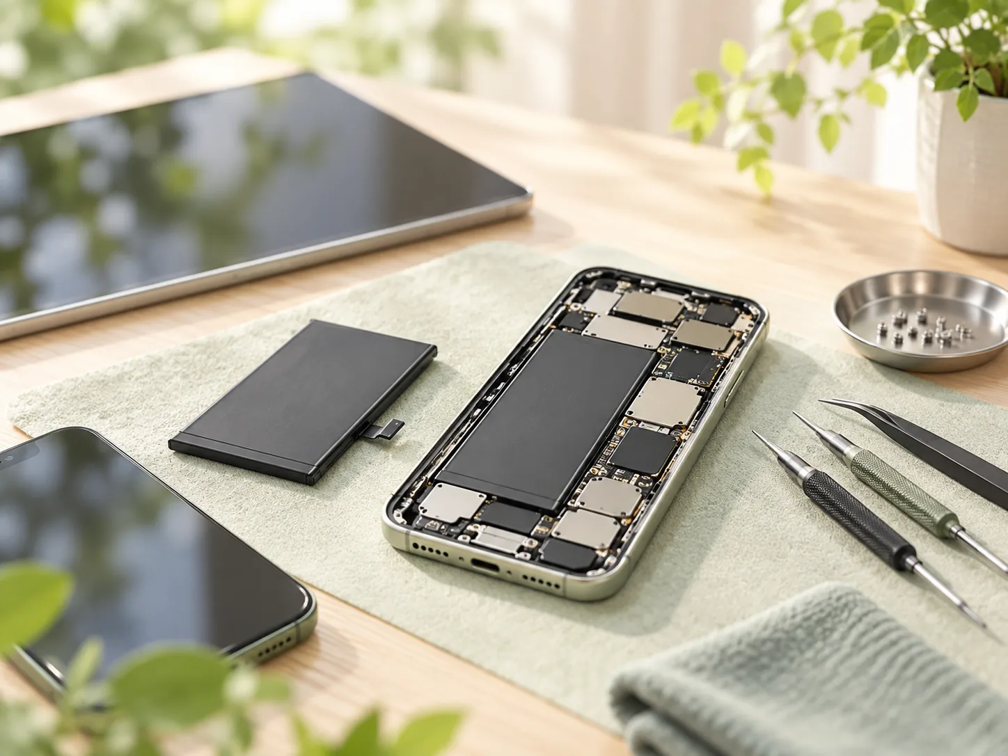 スマートフォンのバッテリーと精密工具のイメージ