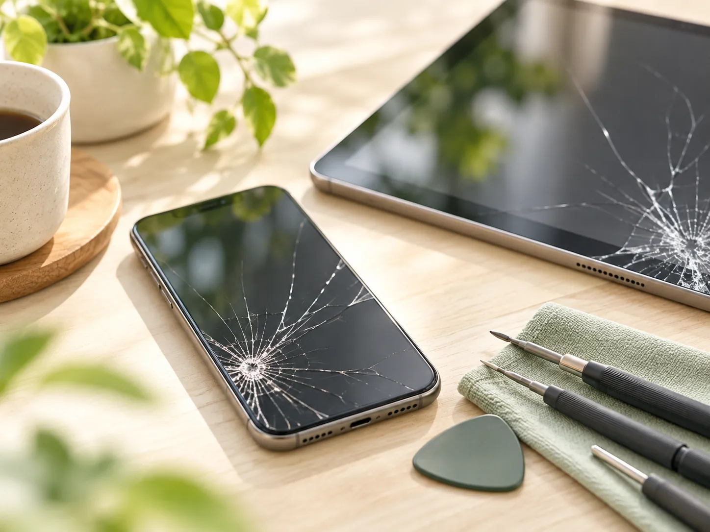 画面にひびが入ったスマートフォンとタブレット