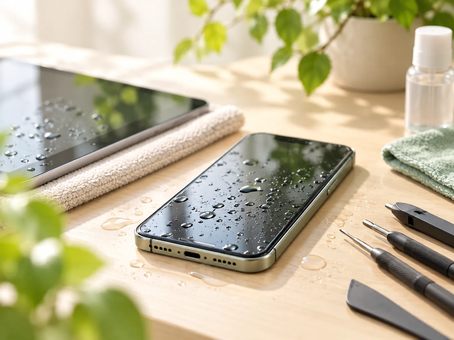 水滴が付いたスマートフォンとタブレット